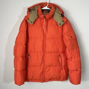 Vintage J Crew Orange Goose Down Puffer Jacket Mens Size Small Snap Hooded